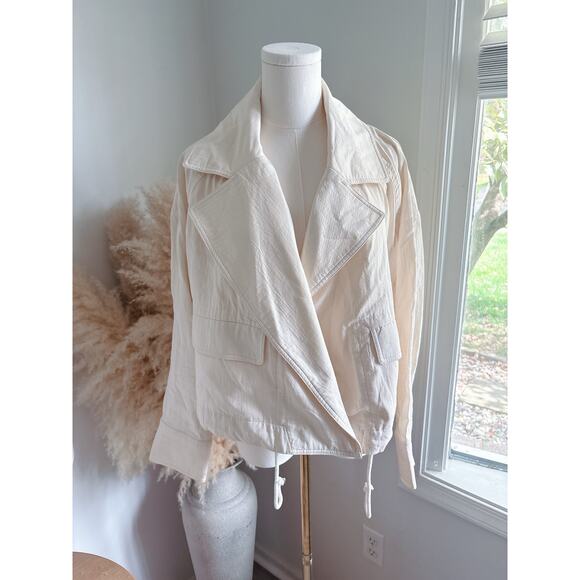 Few Moda Cotton Cropped Moto Jacket Lightweight Shacket Medium Ivory Cream - Picture 1 of 10